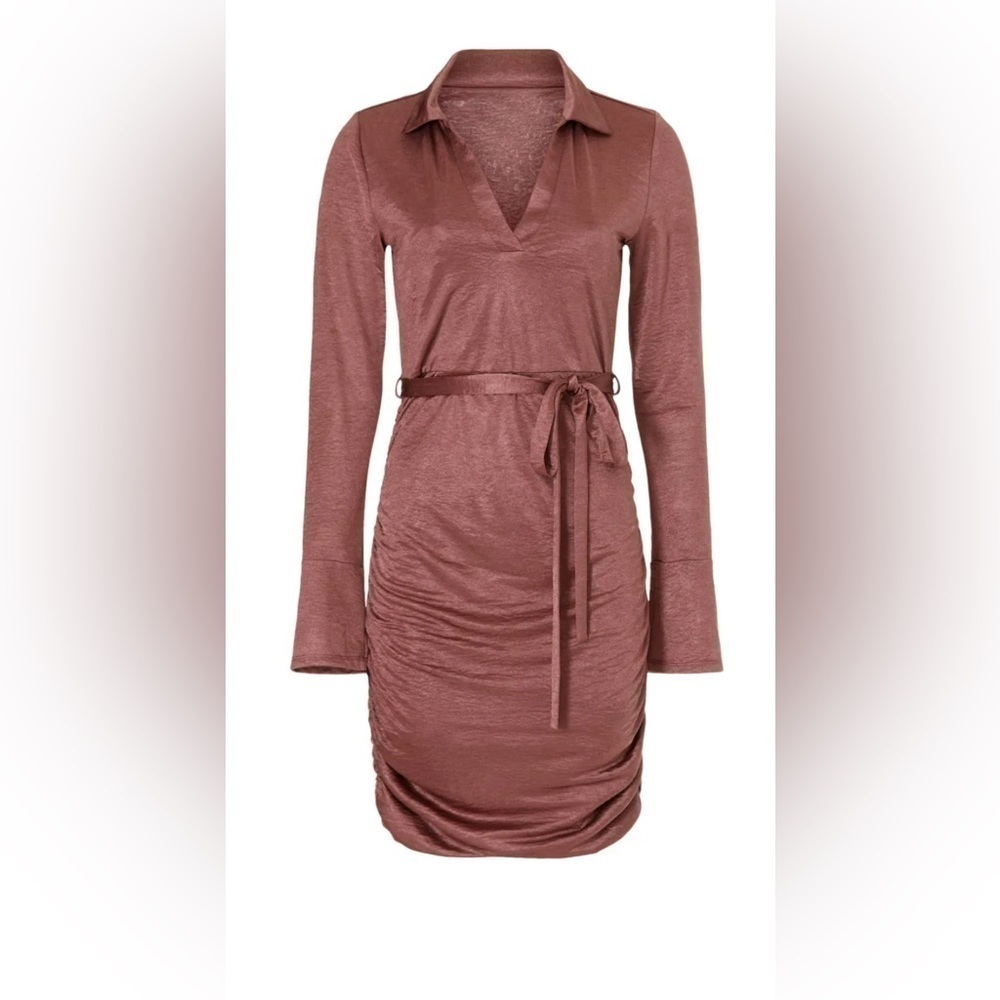 Louna brown long sleeved dress with ruching in women’s size S/Small